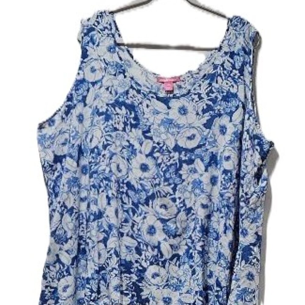 WOMAN WITHIN BLUE WHITE FLORAL CLOISONNE SLEEVELESS SCOOP NECK TANK TOP  2X - 4X
